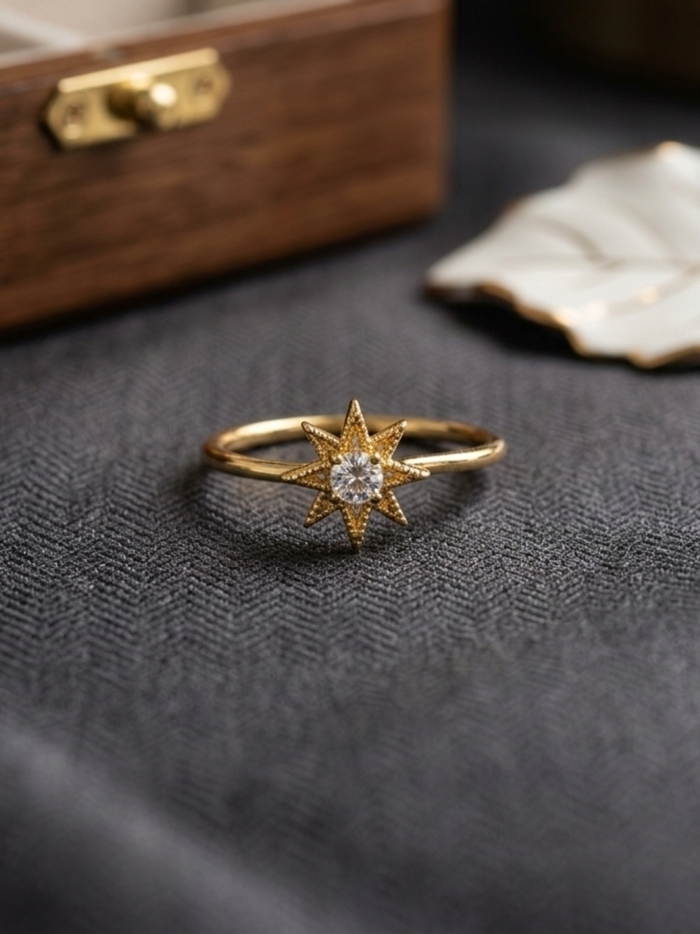 Gold Starburst Ring with Center CZ - Women's Fashion Ring